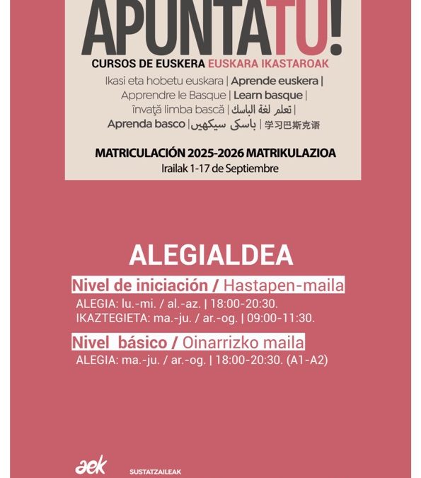 OFERTA AMPLIA PARA APRENDER EUSKERA EN EL CURSO 2025-2026, CON SUBVENCIÓN MUNICIPAL